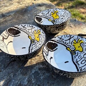 Black and White Ceramic Bowls with Yellow Accents